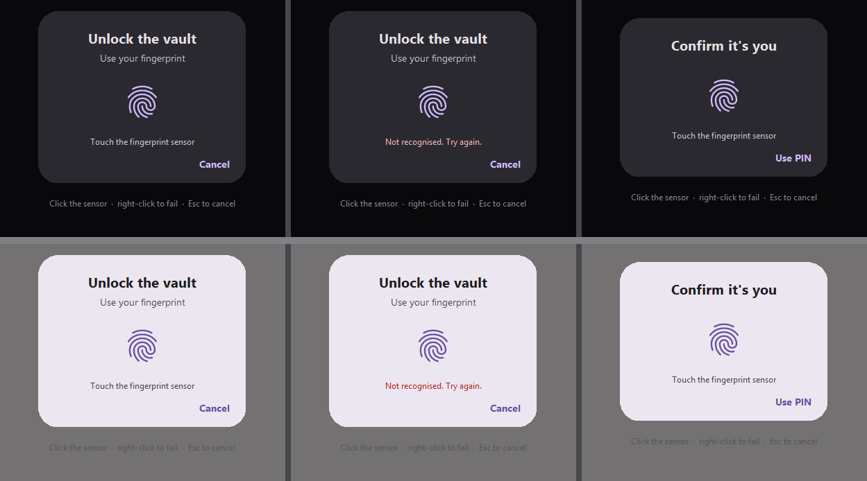 The biometric prompt in the Previewer: the waiting state, a scan that was not
recognised, and the PIN fallback, in dark and light
mode