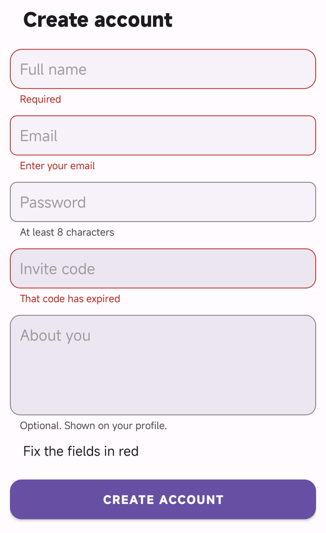 A sign-up form on a phone: the two empty required fields and a field with an expired code are outlined in red, each with its message under it