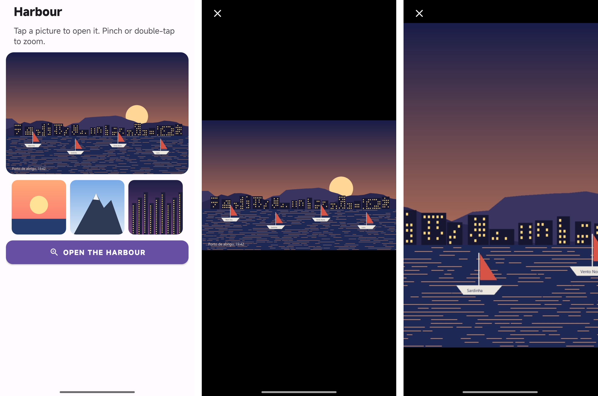 Three phone screens: a page with pictures, one of them open on black, and the same picture zoomed in on a boat