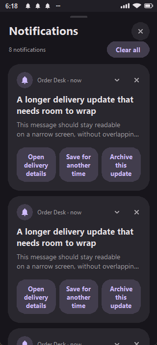 Compact dark drawer with three wrapped action buttons