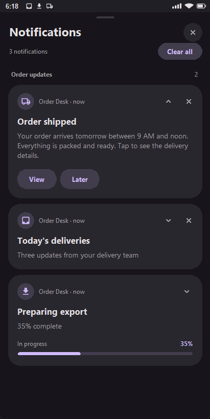 Redesigned dark Previewer notification drawer