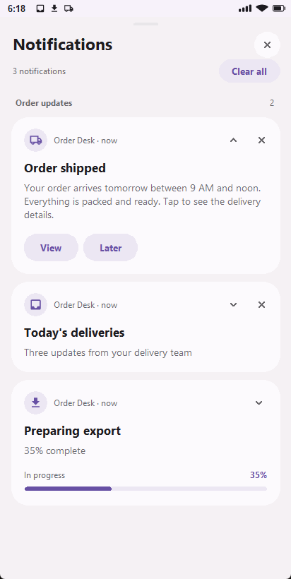 Redesigned light Previewer notification drawer