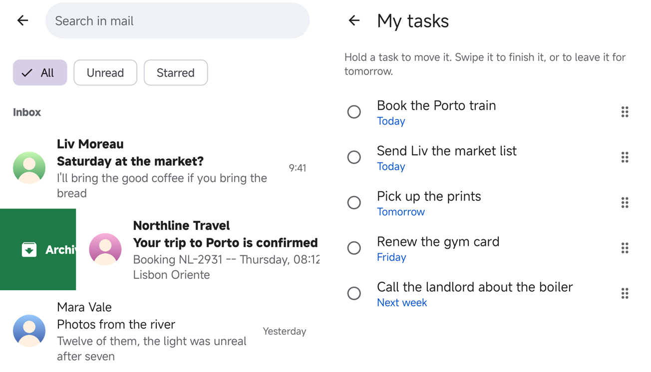 Two phone screens: a mail row half-way through a swipe with a green Archive strip behind it, and a task list with drag handles