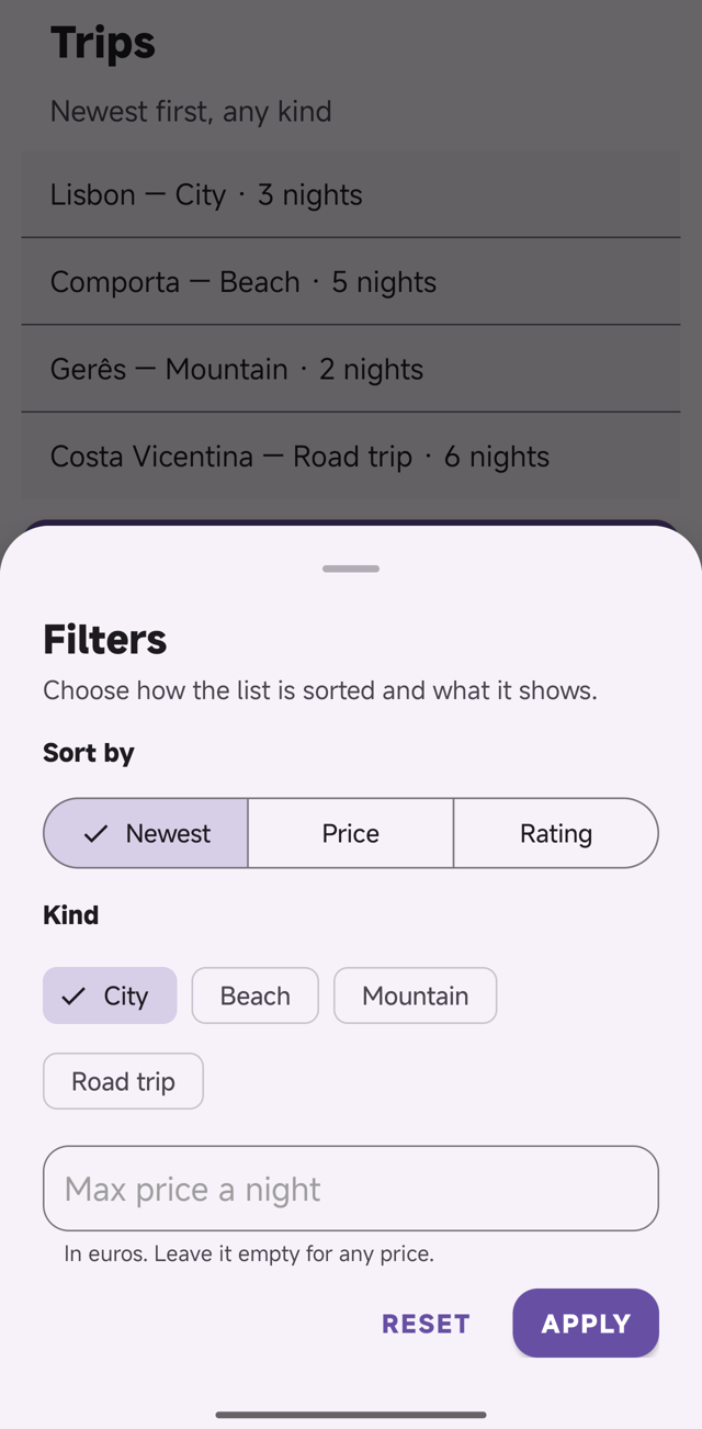 A bottom sheet on a phone over a list of trips: a title, a segmented button, chips, a field with help under it and two buttons