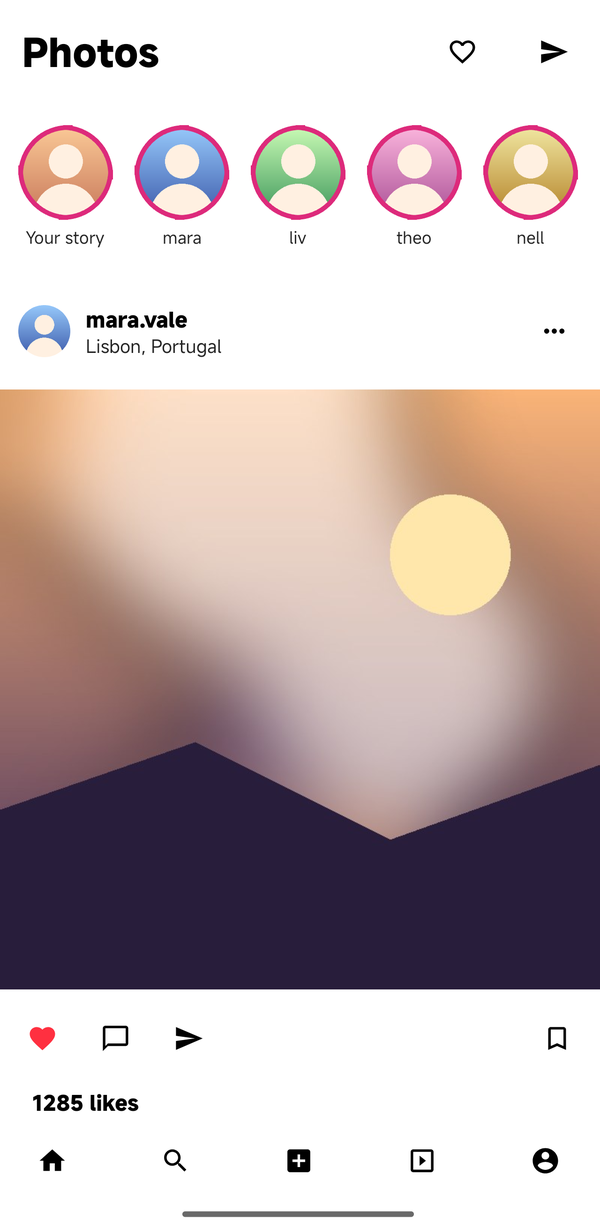 A photo feed with a liked post, rebuilt with ApkPy