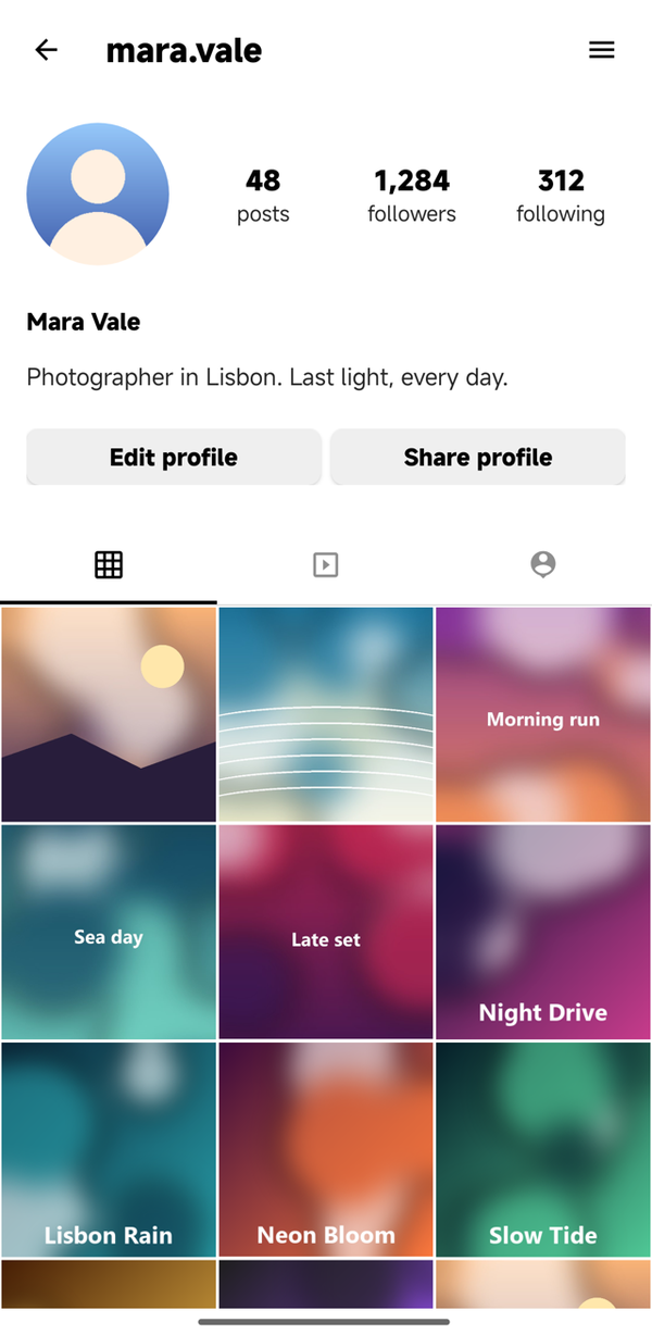 A profile with three tabs over a grid of photos, rebuilt with ApkPy
